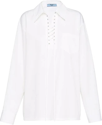 (W) PRADA SS22 Camisa Blanca con Lazada Frontal y Protección Solar. P983I-1XV2-F0009-S-221 Order (W) PRADA SS22 Camisa Blanca con Lazada Frontal y Protección Solar. P983I-1XV2-F0009-S-221