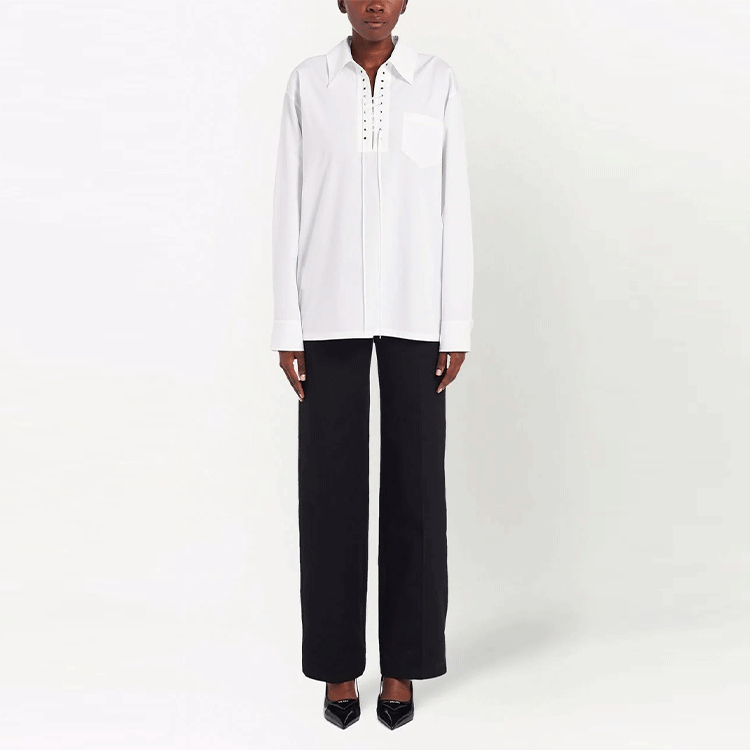 Lookbook (W) プラダ SS22 ホワイト 無地 フロントタイアップ UVカット シャツ. P983I-1XV2-F0009-S-221