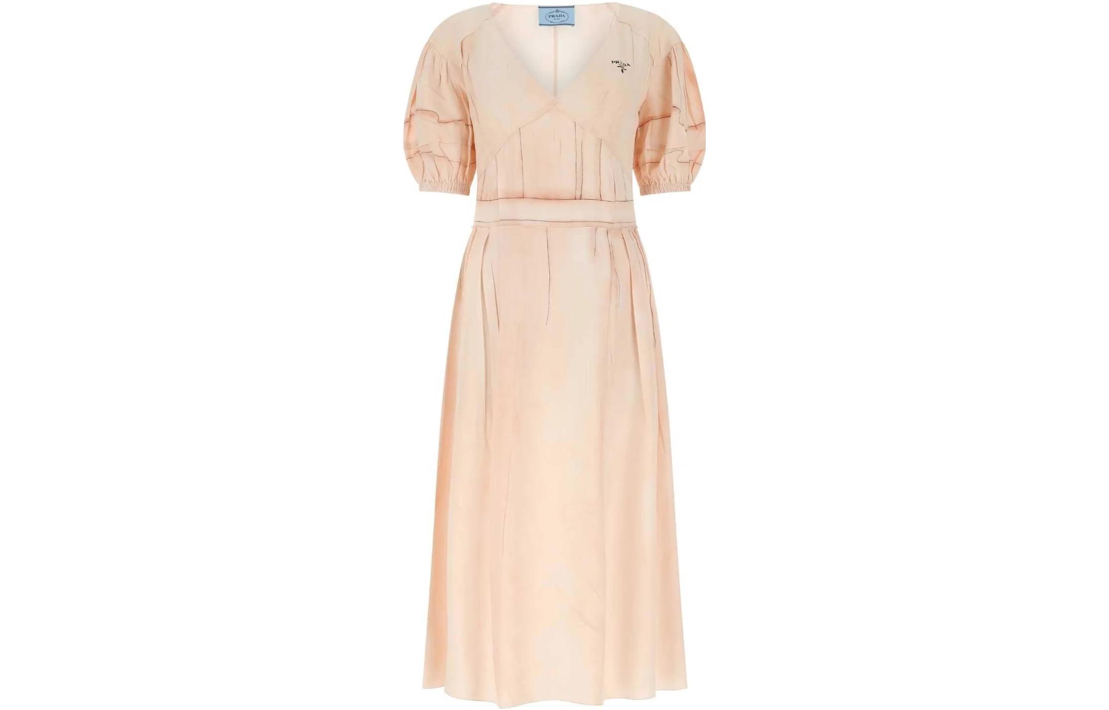 (Women) PRADA SS22 Beige  V-Neck Midi Belted Short Sleeve Dress. P3G55S22110R1-F0236