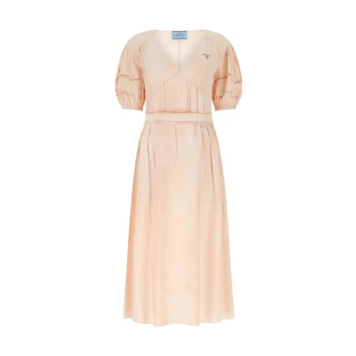 (Women) PRADA SS22 Beige V-Neck Midi Belted Short Sleeve Dress. P3G55S22110R1-F0236