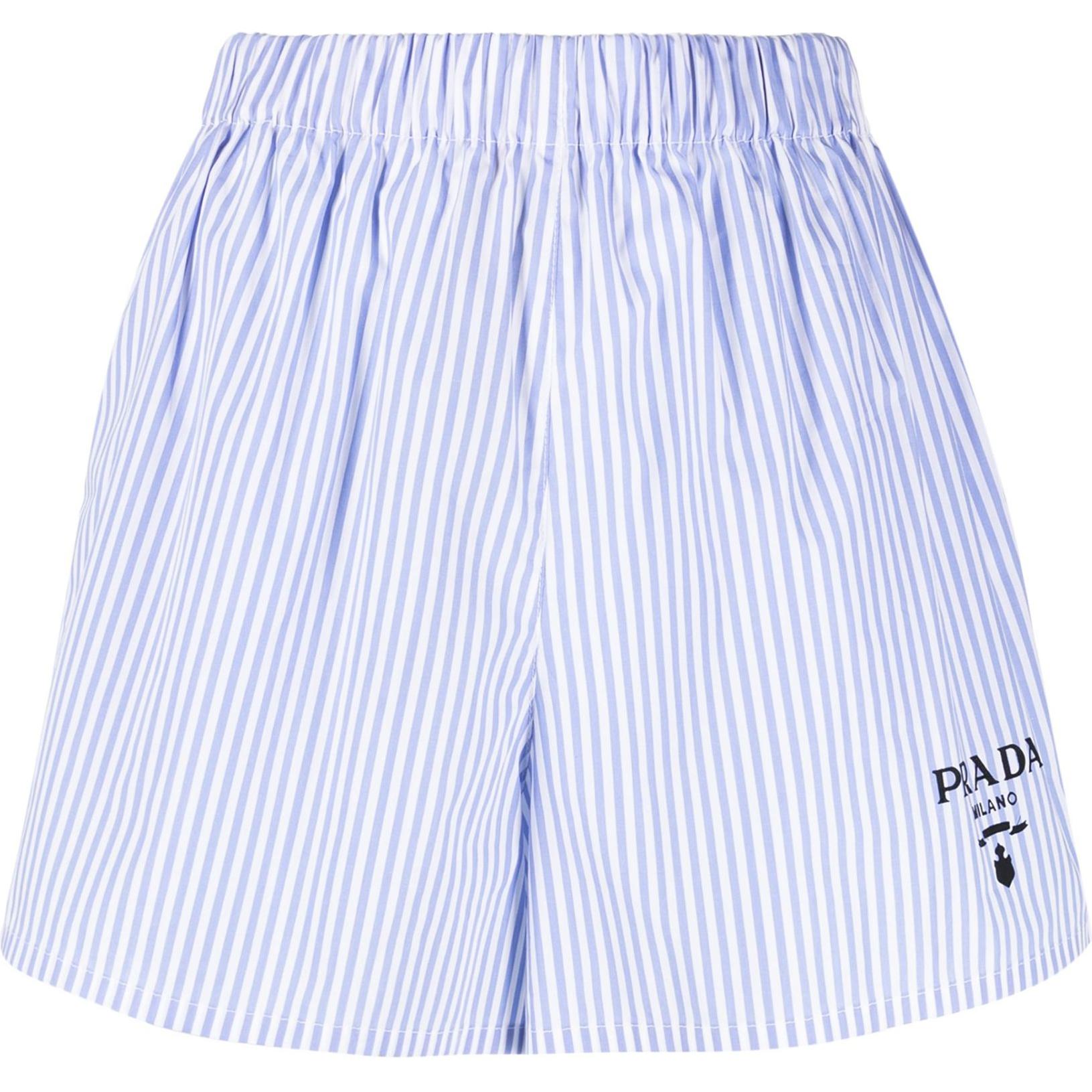 (Women) PRADA SS22 Blue Striped Logo Print Elastic Waist Casual Shorts Women. P219GR-S-22-1-1UXT-F0076