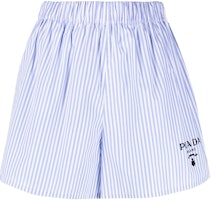 (Women) PRADA SS22 Blue Striped Logo Print Elastic Waist Casual Shorts Women. P219GR-S-22-1-1UXT-F0076 (Women) PRADA SS22 Blue Striped Logo Print Elastic Waist Casual Shorts Women. P219GR-S-22-1-1UXT-F0076