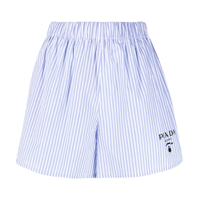 (Women) PRADA SS22 Blue Striped Logo Print Elastic Waist Casual Shorts Women. P219GR-S-22-1-1UXT-F0076