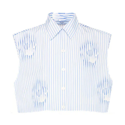 (Women) PRADA SS22 Floral & Striped Print Sleeveless Poplin Shirt Women’s Light Blue P456F-10MY-F0076-S-221