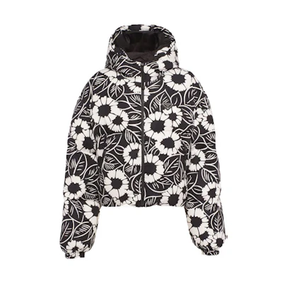 (Women) PRADA SS22 Floral Logo Printed Down Jacket Winter Black Hoodie . 29M698-10UU-F0967-S-212