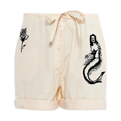 (Women) PRADA SS22 Mermaid Print Canvas Shorts Beige Casual Shorts. P225G-10M6-F0304-S-221