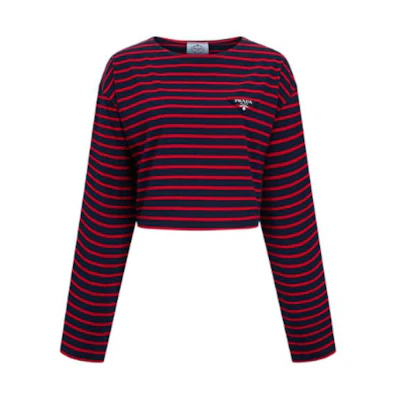 (Women) PRADA SS22 Oversized Striped Long Sleeve Knit T-Shirt Red 34628-1045-F0E7D-S-221