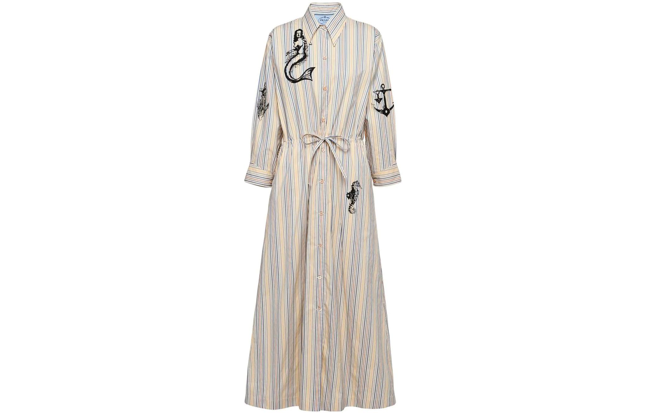 (Women) PRADA SS22 Pattern Print Striped Long-Sleeve Shirt Dress Women Beige. P3G73G-10M5-F0013-S-221