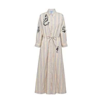 (Women) PRADA SS22 Pattern Print Striped Long-Sleeve Shirt Dress Women Beige. P3G73G-10M5-F0013-S-221
