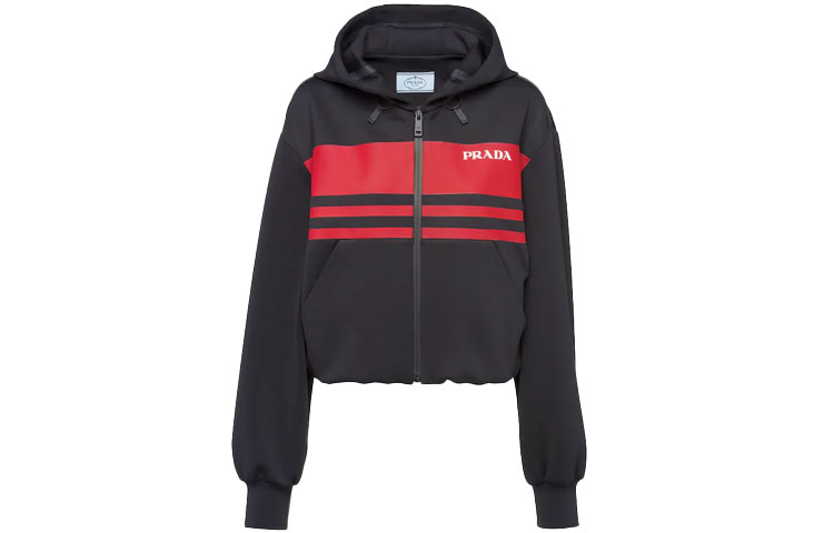 (Women) PRADA SS22 Striped Logo Print Solid Color Hoodie Jacket Women Black. 138598-10QM-F0002-S-212