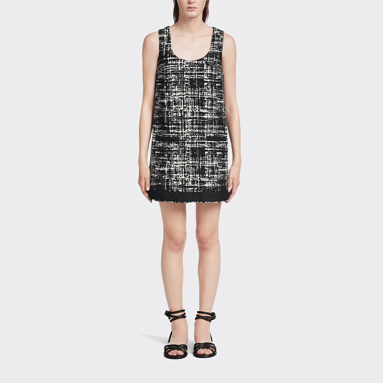 Lookbook (W) Vestido Mini Sin Mangas Tweed Marfil PRADA SS22 Moda. P3G46-10FV-F0A72-S-221