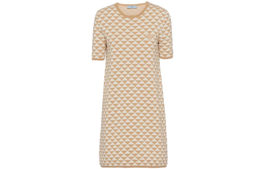 (Women) PRADA SS23  Beige Triangle Logo Print Short Sleeve Dress 23958-12QA-F0C9M-S-231