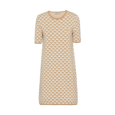 (Women) PRADA SS23 Beige Triangle Logo Print Short Sleeve Dress 23958-12QA-F0C9M-S-231
