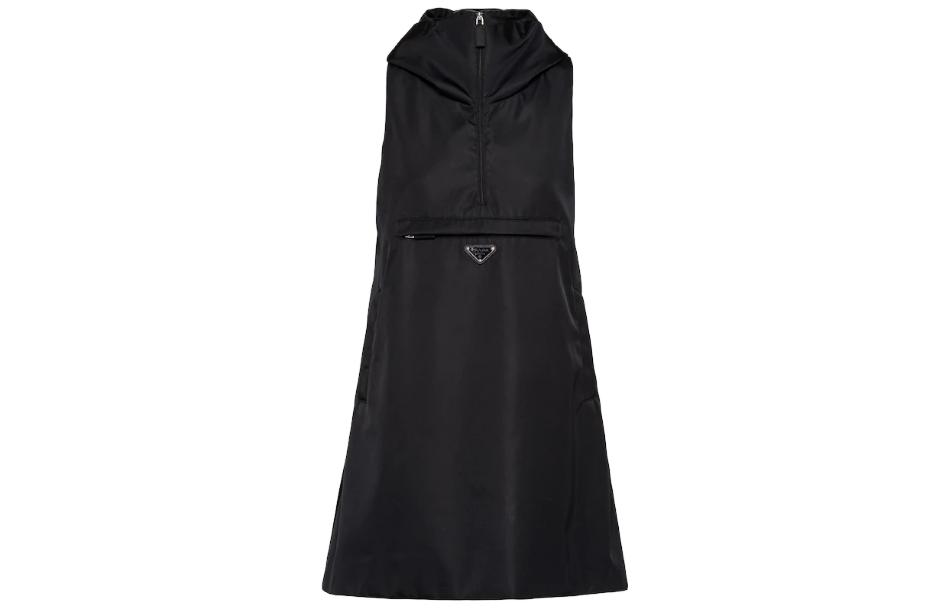 (Women) PRADA SS23  Black Sleeveless Hoodie Dress with Logo Zipper. 230691-1WQ8-F0002-S-231