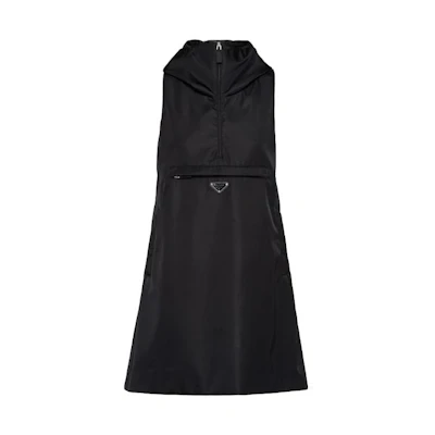 (Women) PRADA SS23 Black Sleeveless Hoodie Dress with Logo Zipper. 230691-1WQ8-F0002-S-231
