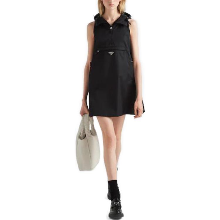 Lookbook (Women) PRADA SS23  Black Sleeveless Hoodie Dress with Logo Zipper. 230691-1WQ8-F0002-S-231