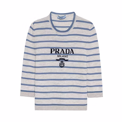 (Women) PRADA SS23 Blue Striped Detail Crewneck Short Sleeve Knit Top. P24V1G-11J5-F0VWZ-S-231