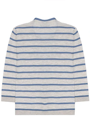 (W) プラダ SS23 ブルーストライプディテール クルーネック半袖ニットトップ. P24V1G-11J5-F0VWZ-S-231 Lookbook (W) プラダ SS23 ブルーストライプディテール クルーネック半袖ニットトップ. P24V1G-11J5-F0VWZ-S-231