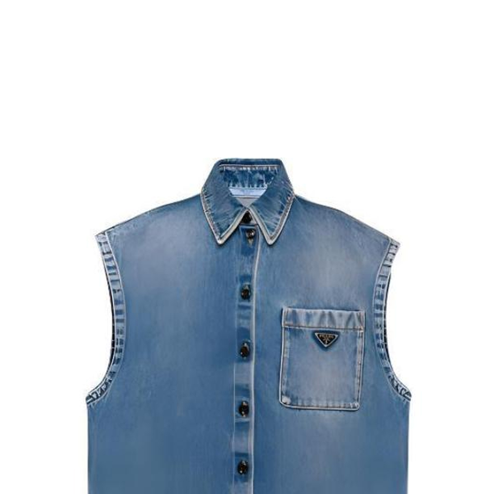 Purchase (W) PRADA SS23 Jaket Denim Logo Segi Tiga - Biru Denim. GFC047-12O0-F0BAU-S-231