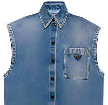 (Women) PRADA SS23 Denim Wash Triangle Logo Vest - Denim Blue. GFC047-12O0-F0BAU-S-231 Purchase (Women) PRADA SS23 Denim Wash Triangle Logo Vest - Denim Blue. GFC047-12O0-F0BAU-S-231
