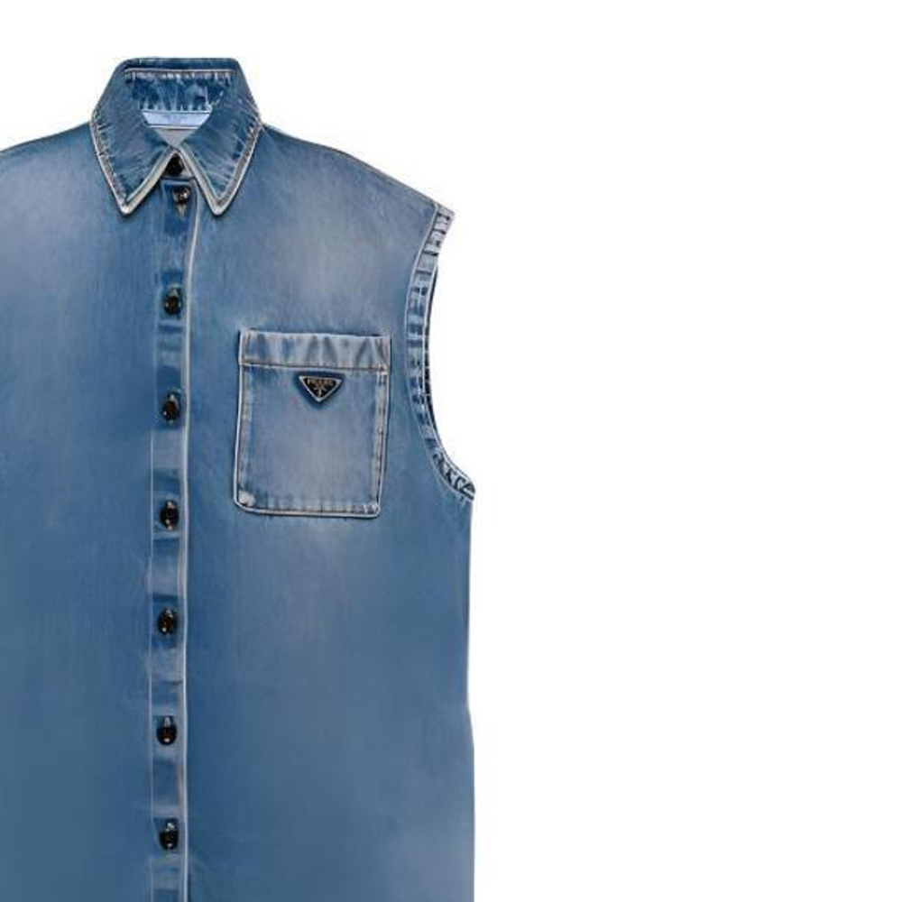 Sizing (W) PRADA SS23 Jaket Denim Logo Segi Tiga - Biru Denim. GFC047-12O0-F0BAU-S-231