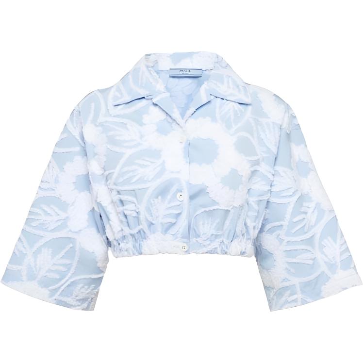 (Women) PRADA SS23  Embroidered Floral Cropped Sun Protection Shirt Light Blue P455FR-10MX-F0X24-S-221