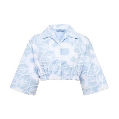(Women) PRADA SS23 Embroidered Floral Cropped Sun Protection Shirt Light Blue P455FR-10MX-F0X24-S-221