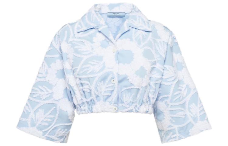 Order (W) プラダ SS23 刺繍入りフラワークロップドサンプロテクションシャツ ライトブルー P455FR-10MX-F0X24-S-221