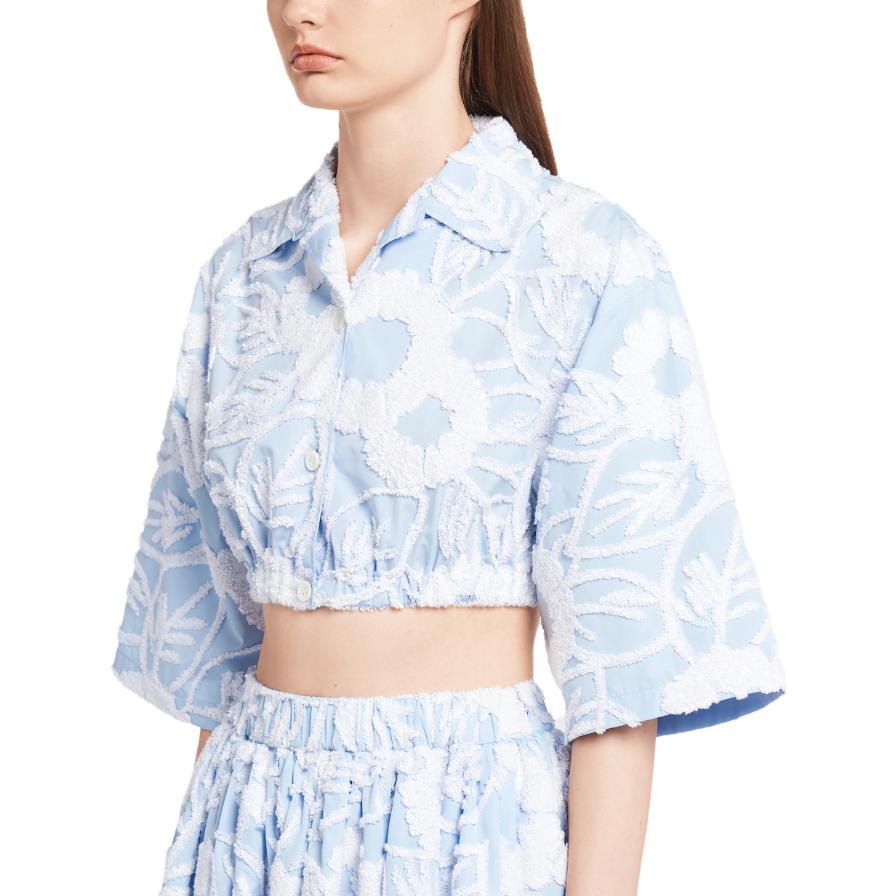 Details for (W) プラダ SS23 刺繍入りフラワークロップドサンプロテクションシャツ ライトブルー P455FR-10MX-F0X24-S-221