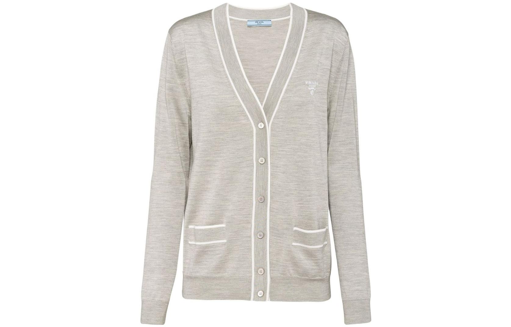 (Women) PRADA SS23  Grey Knit Cardigan with Logo Embroidery and V-Neck. P25L11-10OX-F0RXG-S-221