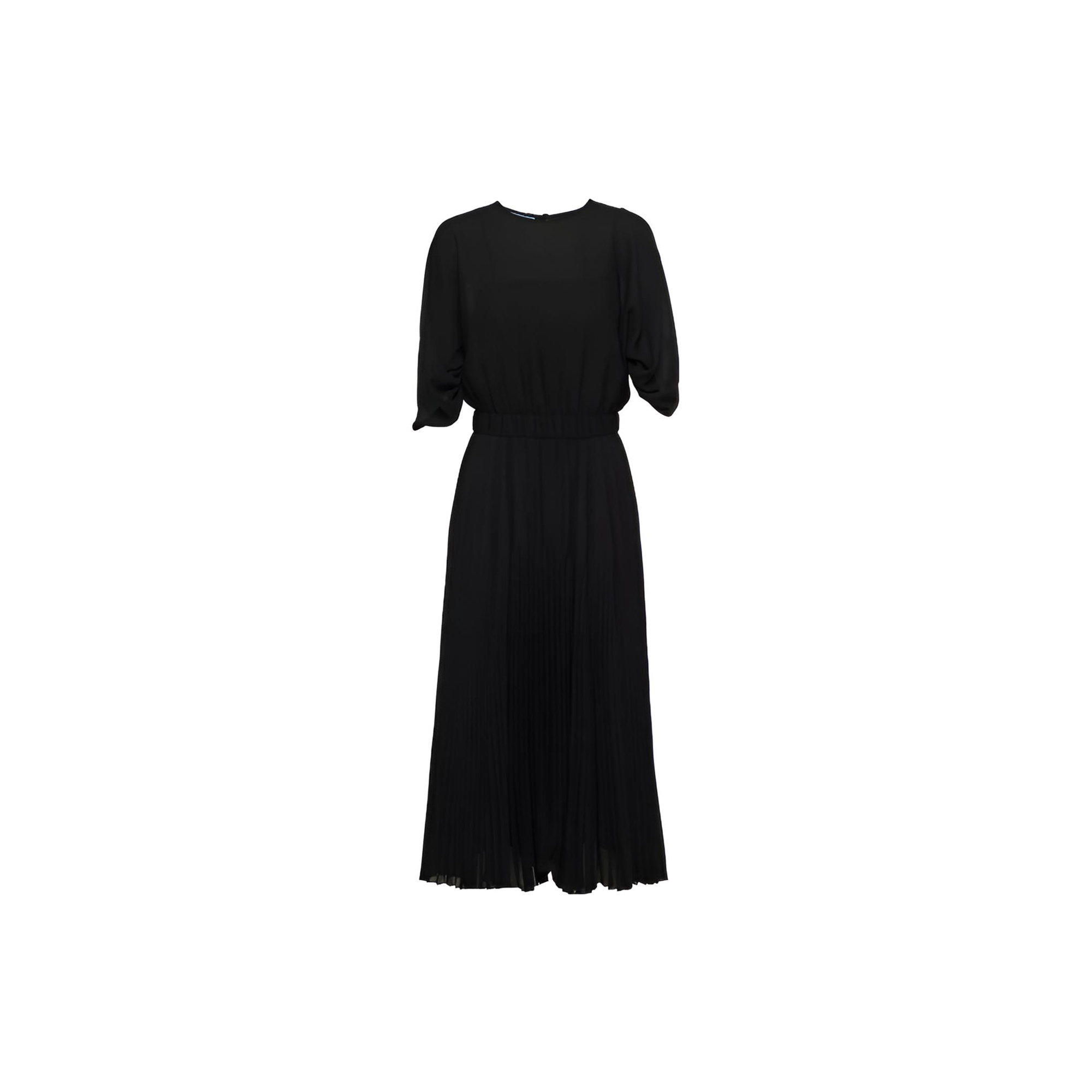 (Women) PRADA SS23  High-Waist Pleated A-Line Short-Sleeve Dress Black P3I97K-12LK-F0002-S-231