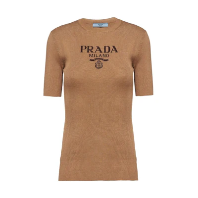 (Women) PRADA SS23 Logo Knit Short Sleeve Sweater Top Camel Brown. P24T1F-11MY-F0040