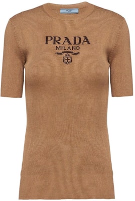 (Women) PRADA SS23 Logo Knit Short Sleeve Sweater Top Camel Brown. P24T1F-11MY-F0040 Order (Women) PRADA SS23 Logo Knit Short Sleeve Sweater Top Camel Brown. P24T1F-11MY-F0040