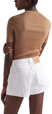 (Women) PRADA SS23 Logo Knit Short Sleeve Sweater Top Camel Brown. P24T1F-11MY-F0040 Shop (Women) PRADA SS23 Logo Knit Short Sleeve Sweater Top Camel Brown. P24T1F-11MY-F0040