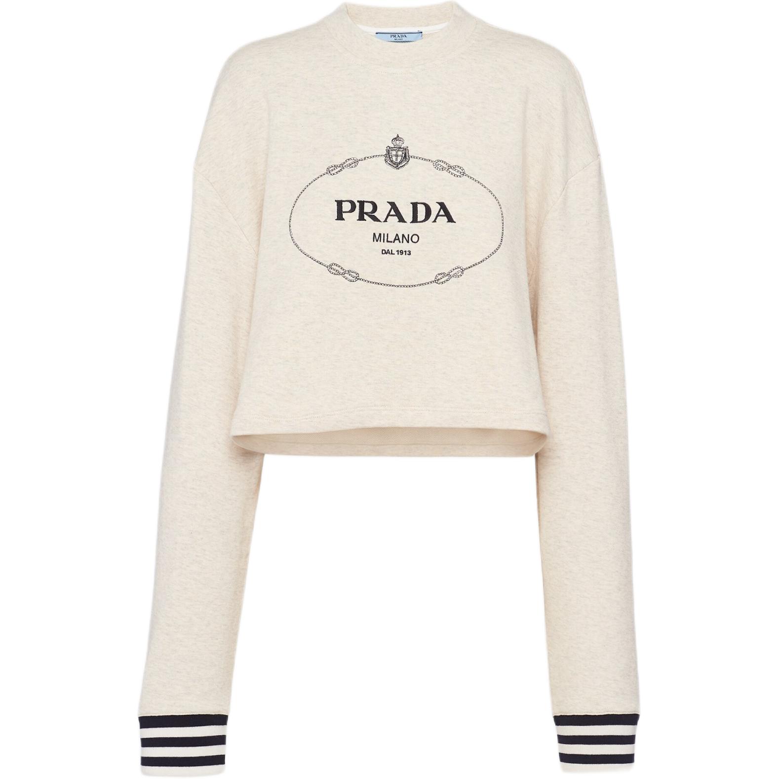 (Women) PRADA SS23  Logo Print Crewneck Cropped Sweatshirt Off-White. 134676-1X6Q-F0018