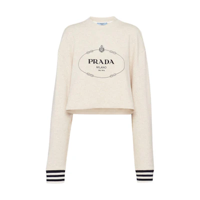 (Women) PRADA SS23 Logo Print Crewneck Cropped Sweatshirt Off-White. 134676-1X6Q-F0018