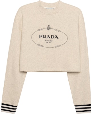(W) 普拉达 SS23 标志印花短款圆领卫衣 米白色. 134676-1X6Q-F0018 Order (W) 普拉达 SS23 标志印花短款圆领卫衣 米白色. 134676-1X6Q-F0018