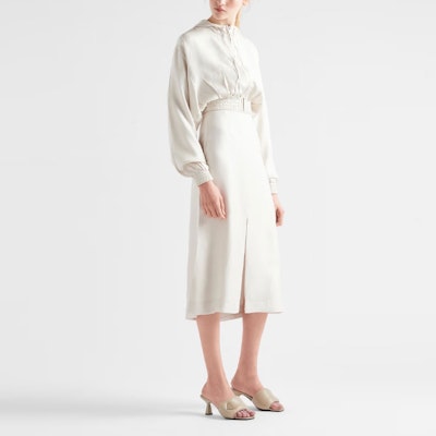 (Women) PRADA SS23 Solid Ivory Silk Satin Hooded Jacket P548N-12TV-F0304-S-231 Lookbook (Women) PRADA SS23 Solid Ivory Silk Satin Hooded Jacket P548N-12TV-F0304-S-231