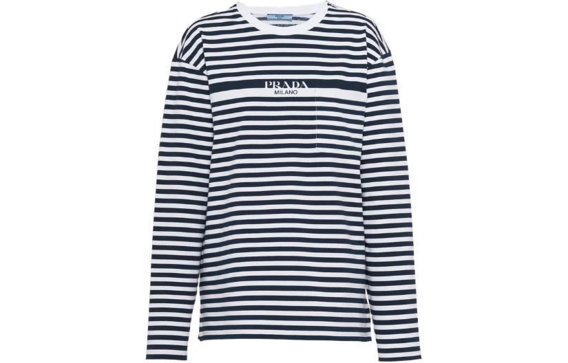 (Women) PRADA SS23  Striped Logo Print Long Sleeve T-Shirt Blue White 34642-12T2-F022X-S-231