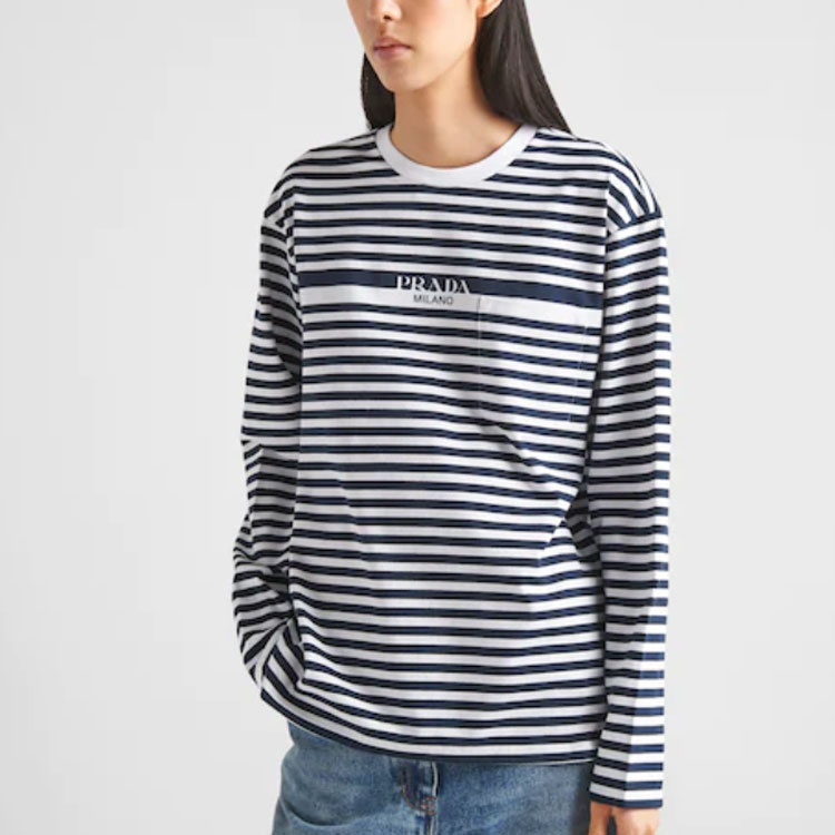 Purchase (Women) PRADA SS23  Striped Logo Print Long Sleeve T-Shirt Blue White 34642-12T2-F022X-S-231