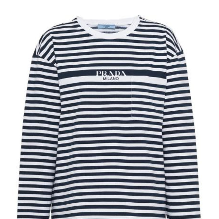 Details for (Women) PRADA SS23  Striped Logo Print Long Sleeve T-Shirt Blue White 34642-12T2-F022X-S-231