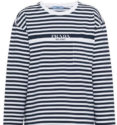 (Women) PRADA SS23 Striped Logo Print Long Sleeve T-Shirt Blue White 34642-12T2-F022X-S-231 Details for (Women) PRADA SS23 Striped Logo Print Long Sleeve T-Shirt Blue White 34642-12T2-F022X-S-231