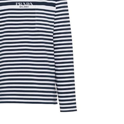 (Women) PRADA SS23 Striped Logo Print Long Sleeve T-Shirt Blue White 34642-12T2-F022X-S-231 Sizing (Women) PRADA SS23 Striped Logo Print Long Sleeve T-Shirt Blue White 34642-12T2-F022X-S-231