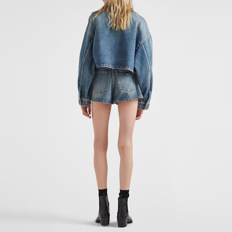 Shop (W) PRADA SS23 ウォッシュド ハイウエスト デニムショーツ ブルー GFP495-12O0-F0BAU-S-231