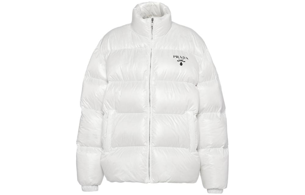 (Women) PRADA SS23  White Puffer Jacket with Logo Print and High Collar. 292065-11A9-F0009-S-222