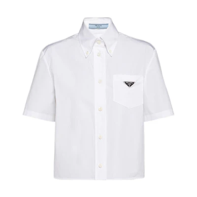 (Women) PRADA SS23 White Short-Sleeve Poplin Button-Up Shirt. P419G-1XV2-F0009-S-222