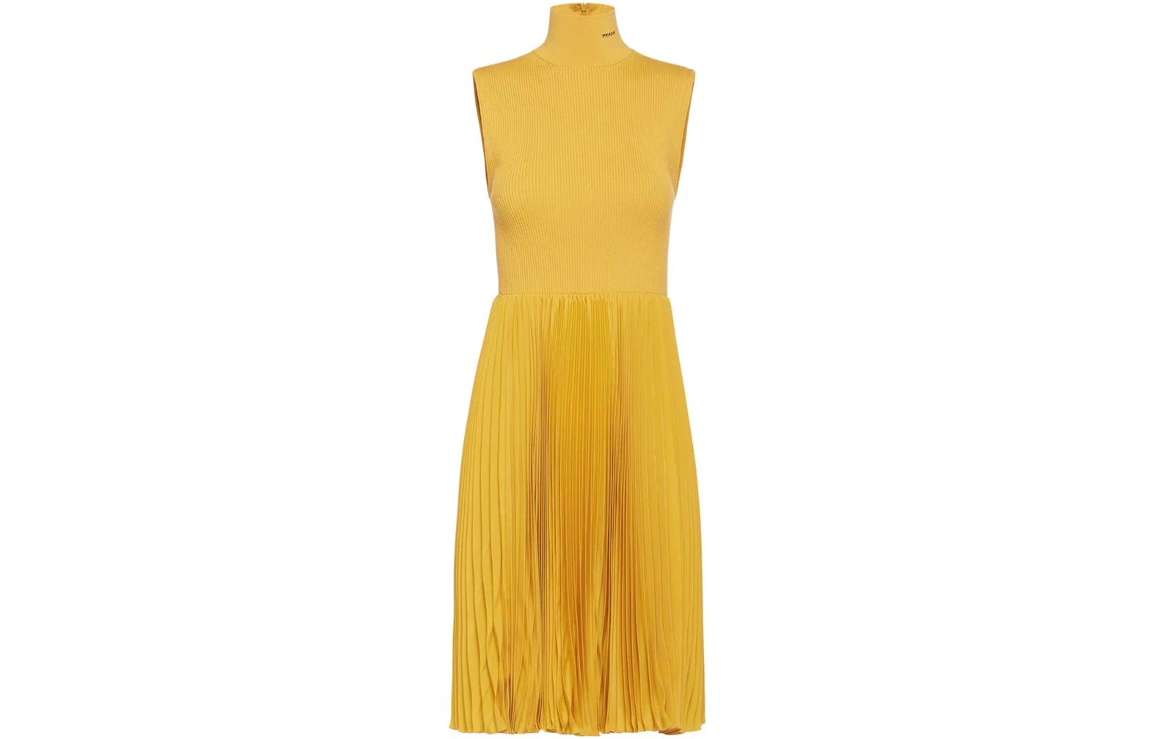 (Women) PRADA SS23  Yellow Sleeveless Ribbed Knit Pleated High-Neck Dress P3E33-1YZ9-F02DF-S-211