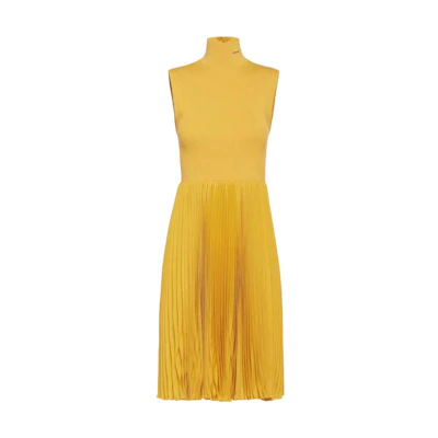 (Women) PRADA SS23 Yellow Sleeveless Ribbed Knit Pleated High-Neck Dress P3E33-1YZ9-F02DF-S-211
