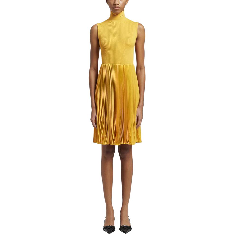 Lookbook (W) 普拉达SS23黄色无袖罗纹针织褶饰高领连衣裙 P3E33-1YZ9-F02DF-S-211