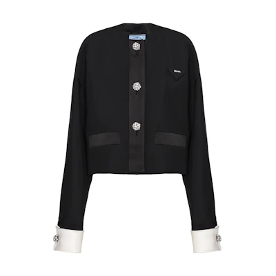 (Women) PRADA SS23 Holiday Crystal Button Cropped Jacket Black Designer Outerwear P524N-1Z9M-F0002-S-231